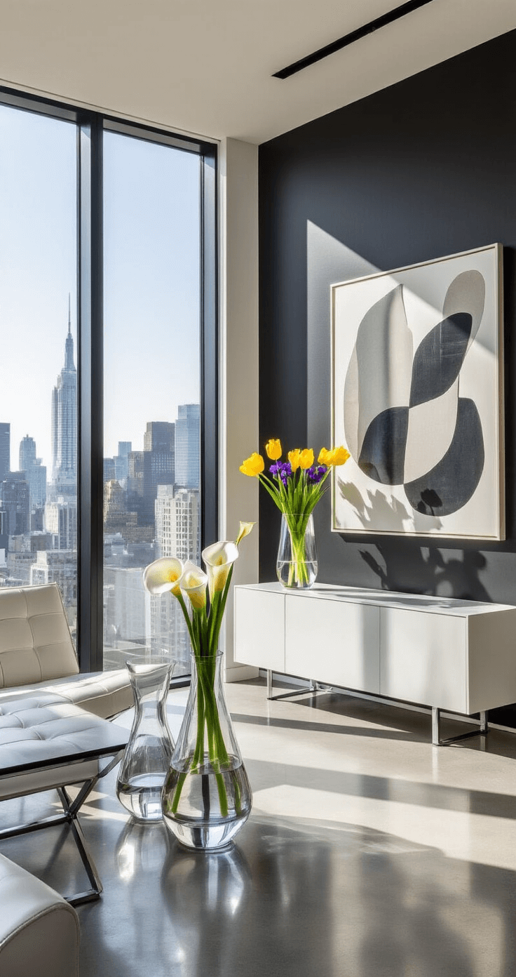 Modern minimalist apartment living space featuring polished concrete floors, floor-to-ceiling windows with a city skyline view, geometric glass vases with single-stem flowers, a sleek white console against a charcoal wall, chrome and leather furniture, and abstract artwork, all bathed in natural daylight.