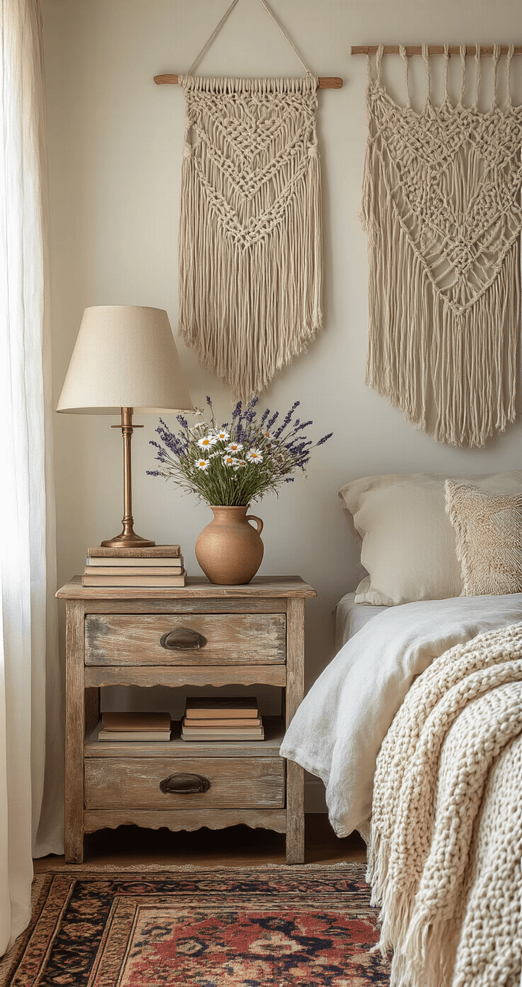 Cozy bohemian bedroom corner featuring macrame wall hangings, a vintage Persian rug in rich jewel tones, a weathered wooden nightstand with a ceramic vase of wildflowers, a brass table lamp, a stack of books, and a cream knitted throw blanket, all illuminated by warm, filtered afternoon light through sheer curtains.
