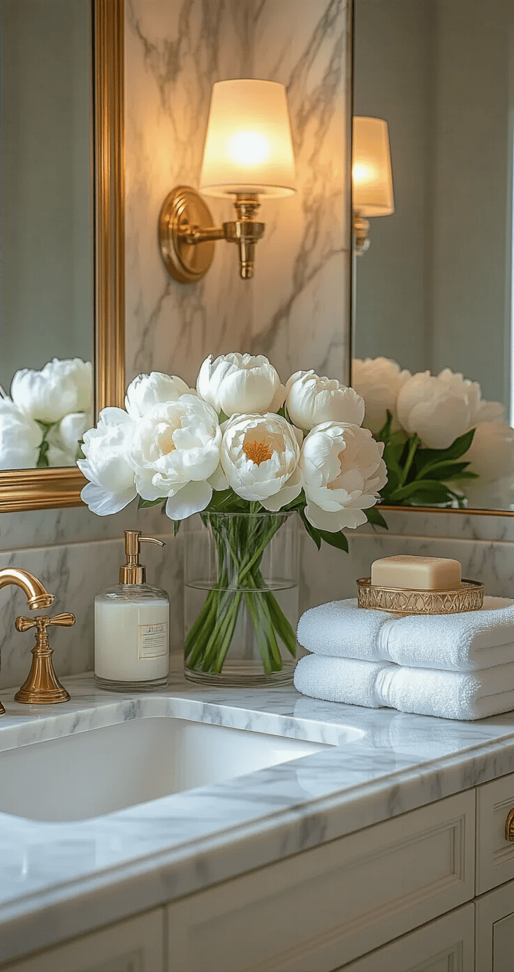 Luxurious marble bathroom vanity featuring brass fixtures and Hollywood-style lighting, with a crystal vase of white peonies, artisanal soap dispensers, and plush towels, all set against Carrara marble countertops and a backlit mirror, creating an elegant reflection of floral elements and marble veining in bright, even light.
