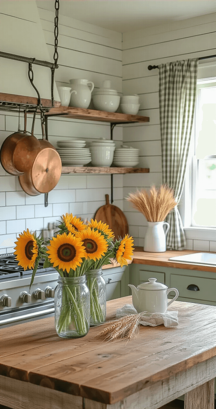 A cozy rustic farmhouse kitchen featuring soft sage shiplap walls, a reclaimed wood island with a butcher block top, and mason jar vases filled with sunflowers and wheat. Vintage copper pots hang from a wrought iron rack, with open shelving showcasing stoneware dishes and a subway tile backsplash. Natural morning light filters through gingham curtains, enhancing the warm, welcoming atmosphere.