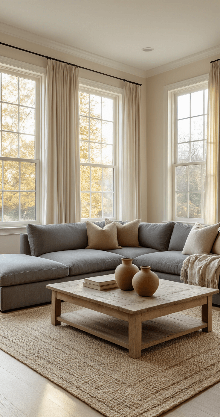 Photorealistic living room featuring mid-morning light streaming through single-hung windows, cream walls, a charcoal gray sectional sofa, rustic oak coffee table with ceramic vases, neutral layered area rugs, minimal linen curtains, and hardwood floors, all accented by architectural details like crown molding.