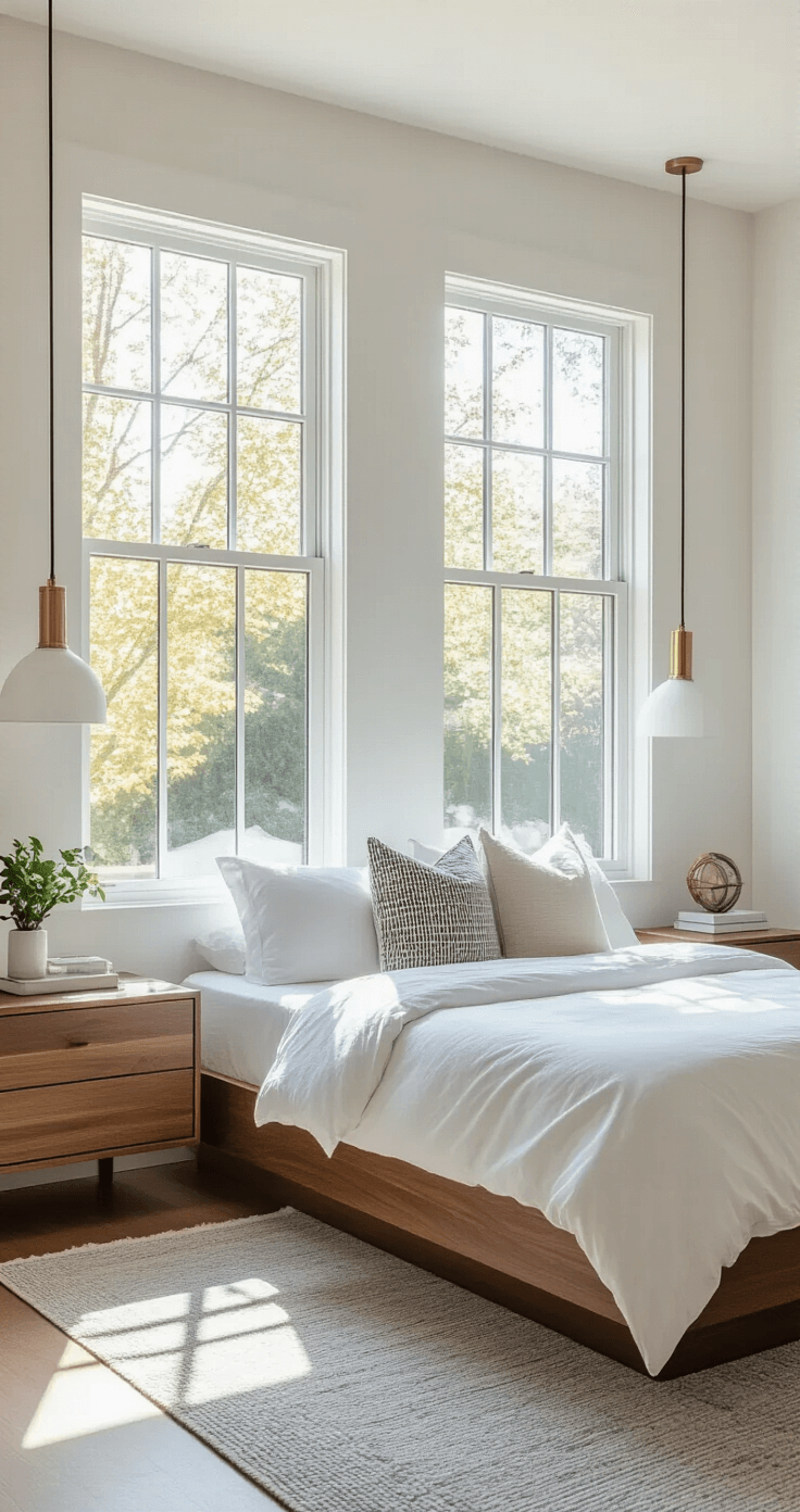 Modern bedroom featuring a double-hung window with partially open sashes, allowing afternoon sunlight to filter in, complemented by a walnut platform bed with white bedding, geometric throw pillows, sleek nightstands, and textured gray area rug, all presented in a bright, airy atmosphere with minimalist design elements.