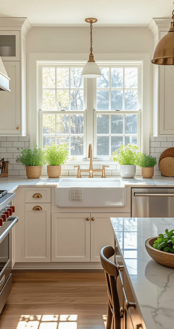 Comparison of single-hung and double-hung windows in a contemporary farmhouse kitchen, morning light illuminating the space with warm white cabinetry, quartz countertops, and stainless steel appliances; features fresh herbs in ceramic planters on windowsills and a professional real estate photography perspective.