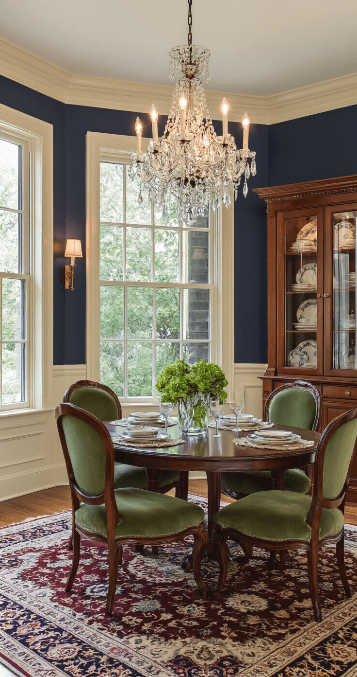 Elegant dining room featuring single-hung windows with soft evening light, deep navy accent wall, cream wainscoting, a rich mahogany oval dining table with sage green velvet chairs, crystal chandelier, built-in corner hutch, Persian area rug, and burgundy silk drapes, captured from a corner angle for a warm, inviting atmosphere.