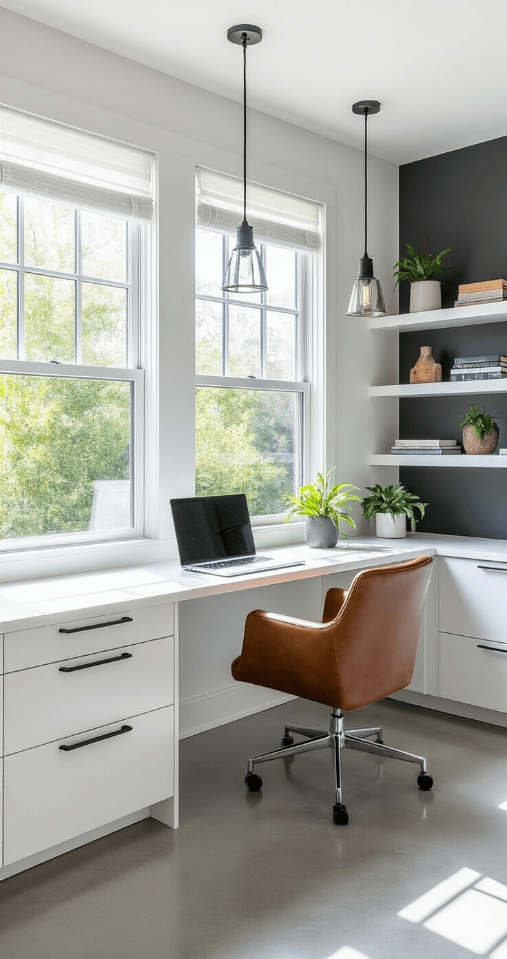 Modern home office with double-hung windows, bright light, white lacquer desk, leather chair, built-in shelving, industrial lighting, polished concrete floors, and minimal roller blinds, showcasing a functional and contemporary workspace.