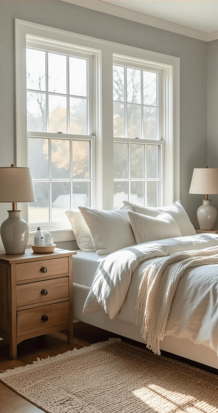 Cozy bedroom scene showing a double-hung window with both sashes tilted inward for easy cleaning, morning light illuminating soft gray walls and white trim, a queen bed with natural-toned linen bedding, vintage nightstands with ceramic lamps, and a woven area rug, all arranged for a bright, cheerful atmosphere.