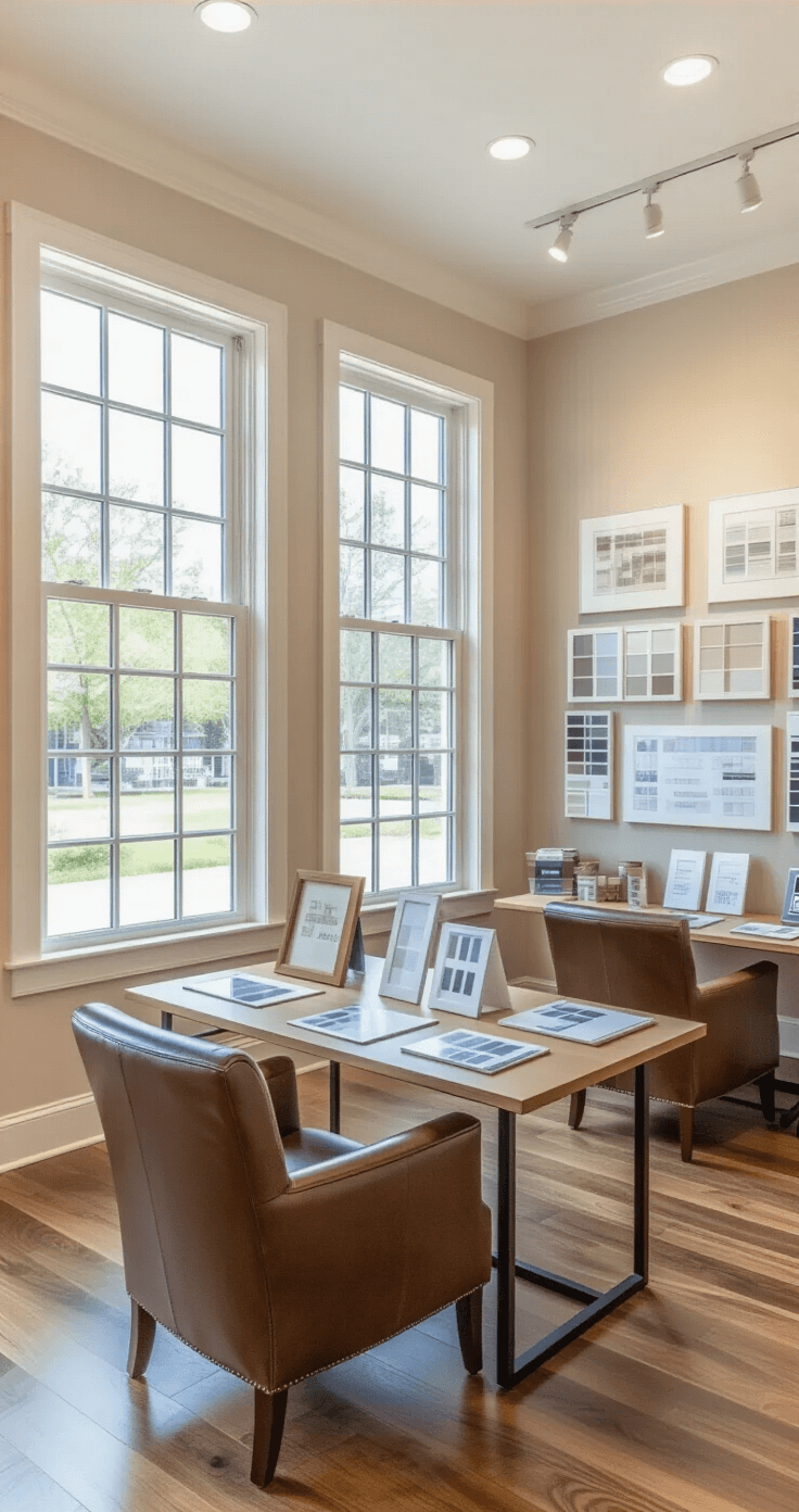 A well-lit consultation room for window shopping featuring various window samples, neutral walls with framed styles, a display table with hardware and color swatches, measuring tools, single-hung and double-hung models, energy efficiency charts, a comfortable seating area with leather chairs, polished hardwood floors, and organized layout promoting decision-making.