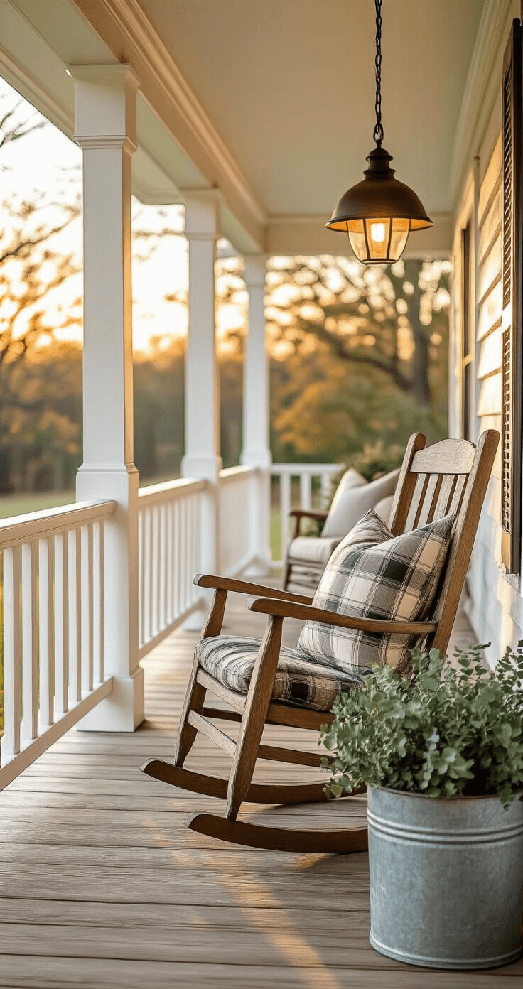 Photorealistic image of a farmhouse front porch at golden hour, featuring a vintage rocking chair with plaid cushions, white-painted wood columns, rustic oak plank flooring, and warm lighting from a barn-style pendant. Distressed cream railings and greenery in galvanized planters enhance the cozy, inviting atmosphere.