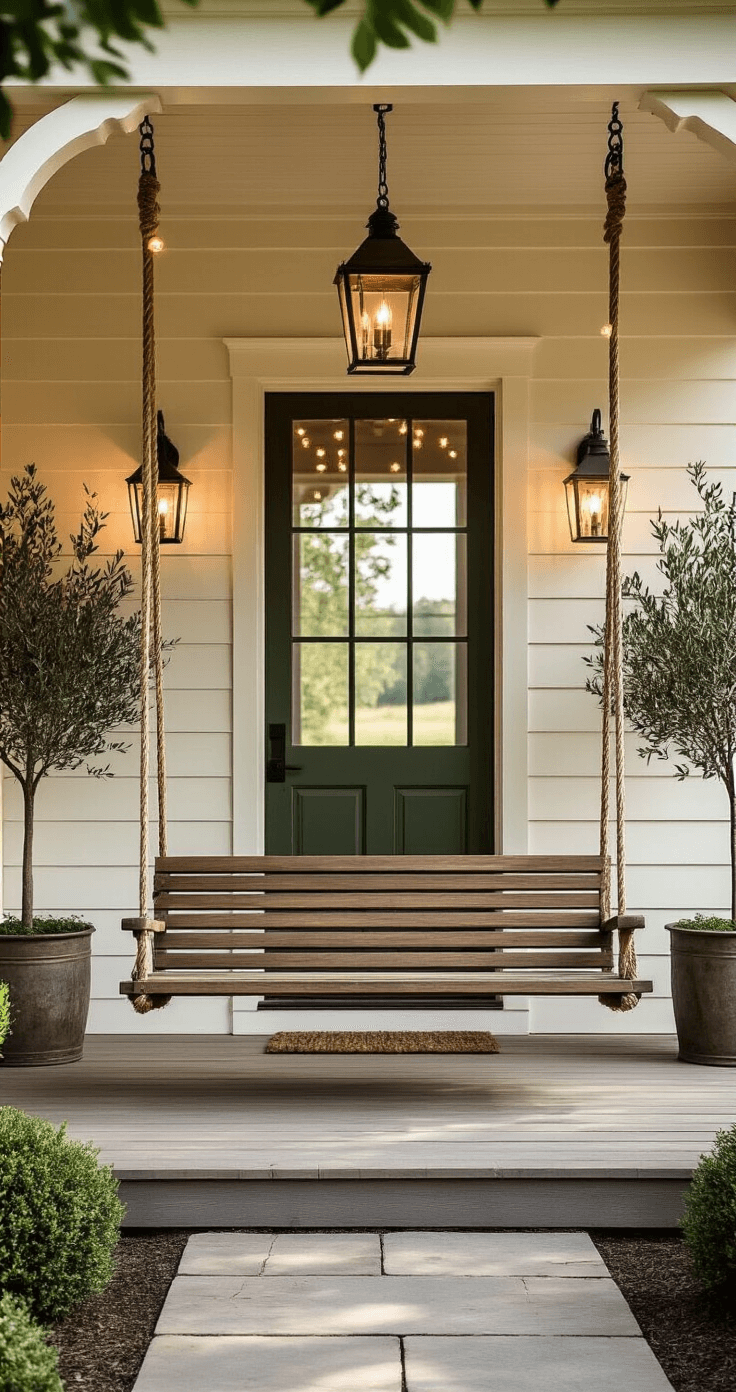 A cinematic wide shot of a charming farmhouse porch featuring a wooden swing with thick rope chains, illuminated by soft morning light and magical bokeh from string lights. Rustic lantern sconces flank a dark green front door on cream shiplap siding, while faux olive trees in vintage containers frame the entrance symmetrically.