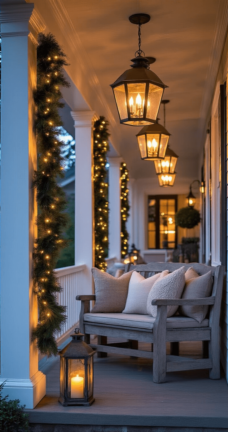 Dramatic farmhouse porch at twilight, featuring overhead barn-style pendant lights, rustic metal lanterns, a weathered wooden bench with neutral throw pillows, glowing string lights, and deep green garlands on white columns, creating a cozy and inviting ambiance.