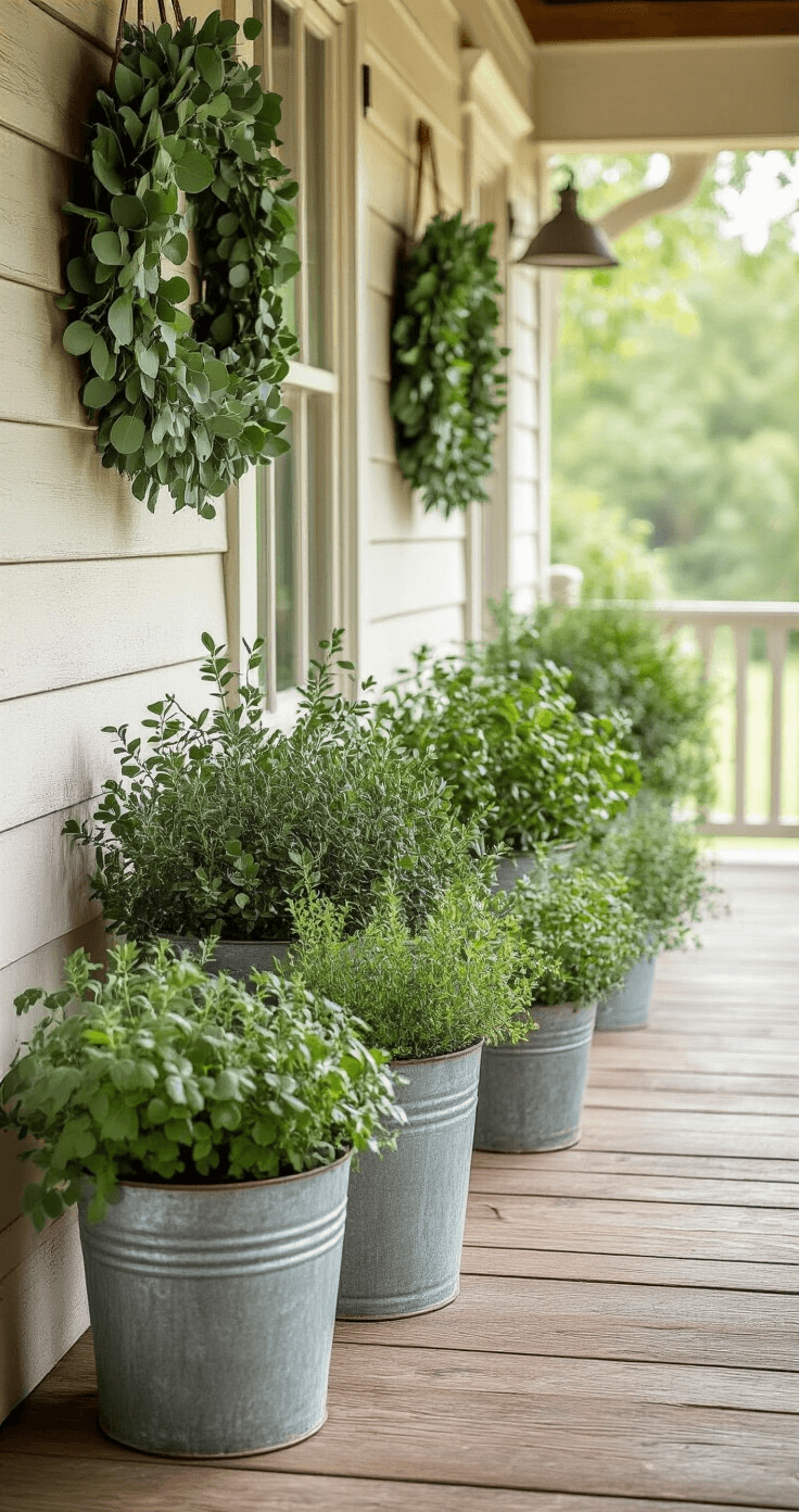 Intimate farmhouse porch corner with lush greenery in vintage containers, eucalyptus wreaths on distressed walls, potted herbs in galvanized planters, weathered oak flooring, faux olive trees by cream railings, highlighted organic shapes and textures in soft natural light.