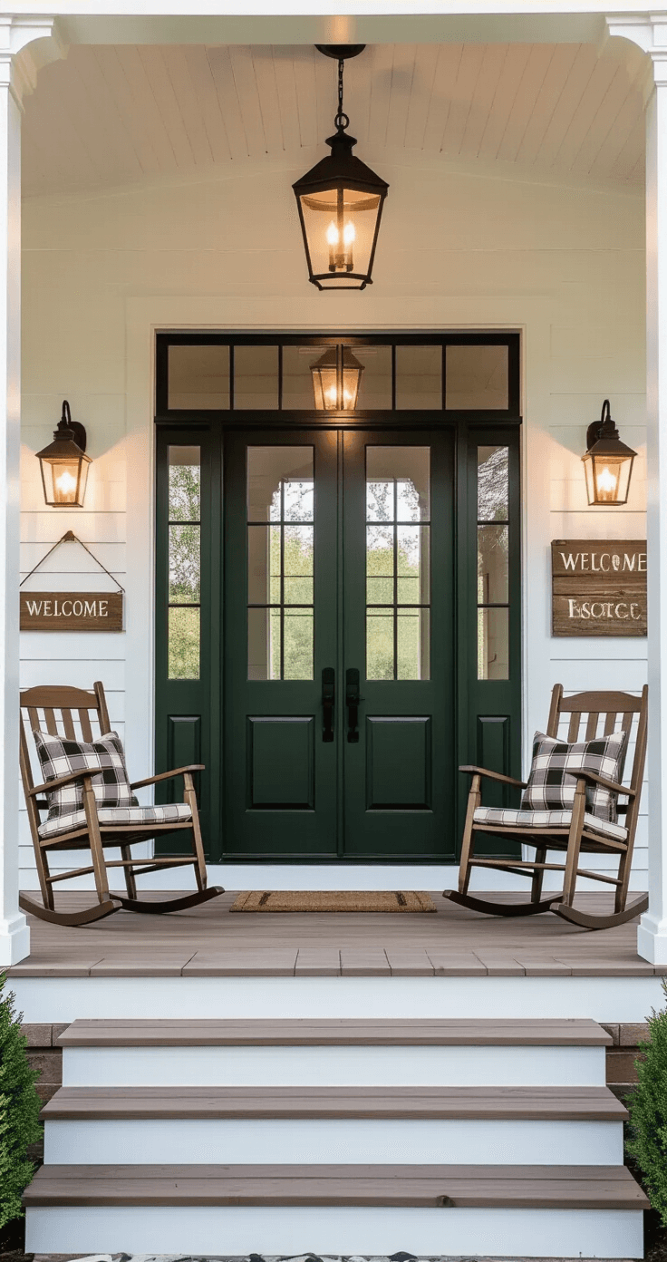 A spacious farmhouse porch with a dark hunter green front door, twin rocking chairs with plaid cushions, vintage wooden welcome signs, layered lighting, and a wide shot emphasizing balanced composition in golden hour lighting.