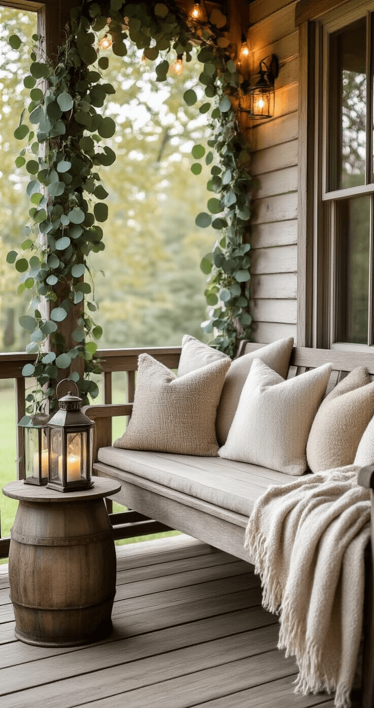 Cozy farmhouse porch reading nook with a wooden bench adorned with neutral-toned throw pillows, a rustic metal side table holding vintage lanterns, eucalyptus garlands along weathered railings, and morning light streaming through string lights, all captured from a low angle.