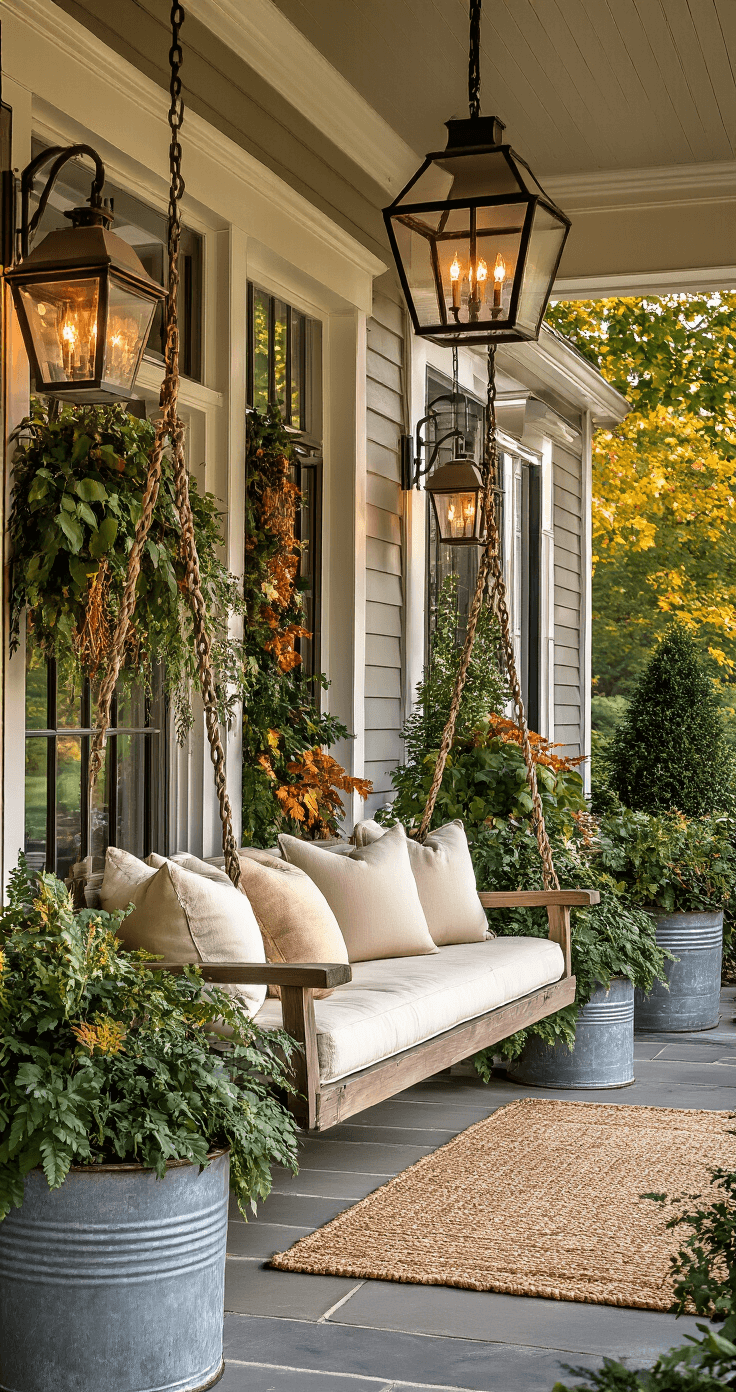 A grand farmhouse porch adorned with autumn decorations features a large wooden swing with cream cushions, vintage metal planters filled with greenery, and various light sources creating warm illumination, all captured in sunset lighting that enhances rich earthy tones and textures.