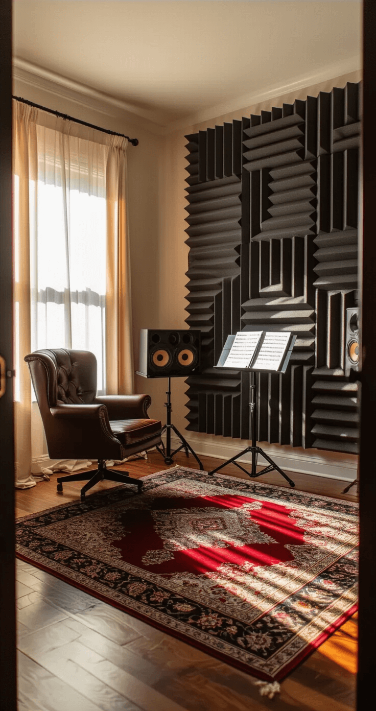 An intimate music room featuring charcoal acoustic foam panels in geometric patterns, with golden hour sunlight streaming through sheer curtains, casting shadows on hardwood floors and a deep burgundy Persian rug. A vintage leather armchair and a sleek music stand with scattered sheet music complement the rich mahogany tones against cream walls, all captured from the doorway with warm tungsten accent lighting.