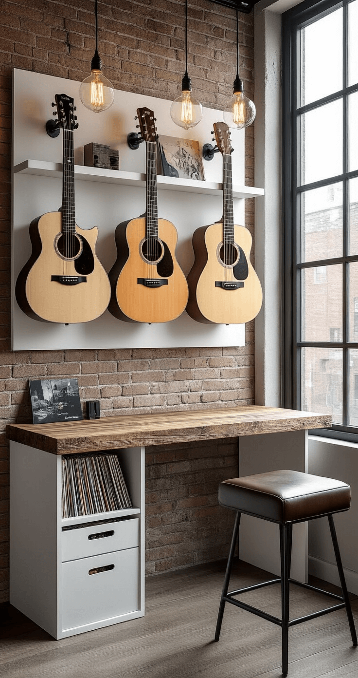 A compact urban music corner with white floating shelves displaying three acoustic guitars against exposed brick, illuminated by industrial pendant lights. A reclaimed wood desk with cubbies for vinyl records, a modern stool, and natural light from large windows create a minimalist aesthetic in a monochromatic palette.