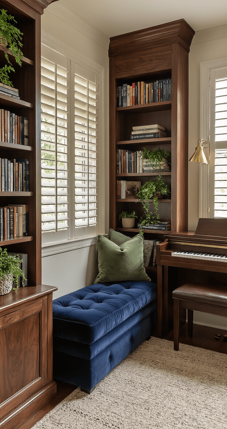 A cozy music nook featuring dark walnut bookshelves filled with music books and plants, soft morning light through plantation shutters on cream walls, a plush navy velvet ottoman near a compact upright piano, and sage green throw pillows, creating a warm and inviting atmosphere.