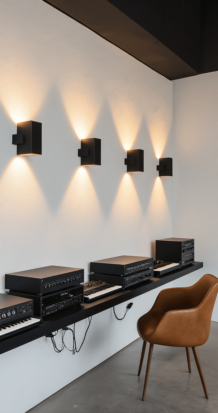 Modern minimalist music space with textured white walls illuminated by dramatic wall sconces, featuring sleek black music equipment on floating shelves and a mid-century modern cognac leather chair, showcasing a balanced palette of blacks, whites, and warm metallics.