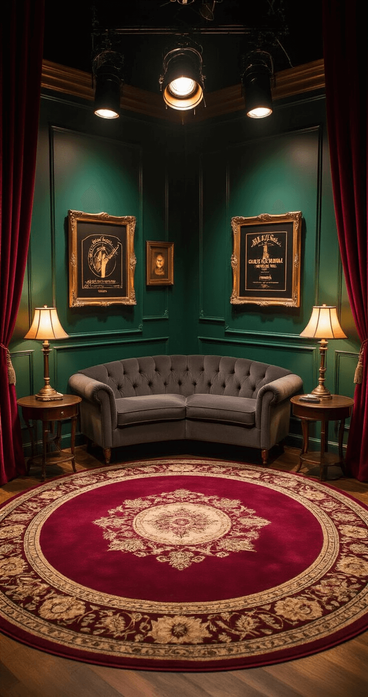 Intimate performance corner featuring a circular burgundy area rug, vintage brass spotlight, deep forest green wall with gold-framed music memorabilia, evening ambiance with warm table lamps, and a charcoal gray loveseat arranged for an audience perspective, showcasing theatrical lighting and rich textures.