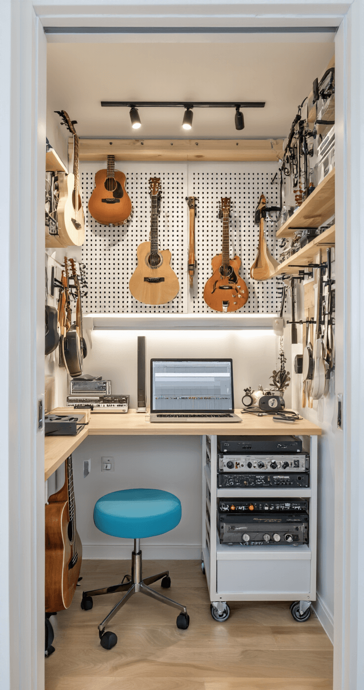 A bright and organized small music studio featuring a floor-to-ceiling natural birch pegboard system displaying various instruments and accessories, illuminated by morning light and track lighting. A compact rolling cart serves as a mobile workstation, complemented by a modern ergonomic powder blue stool. The decor showcases a clean Scandinavian palette of whites, natural wood, and soft blues, captured from a doorway perspective.