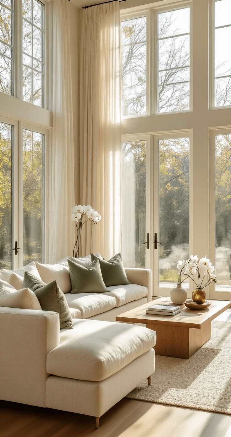 A sunlit living room featuring floor-to-ceiling windows that fill the space with natural light, showcasing a cream linen sofa, oak coffee table with brass accents, fresh white orchids, and textured sage green pillows, all set on polished hardwood floors that reflect the warm golden hour light.