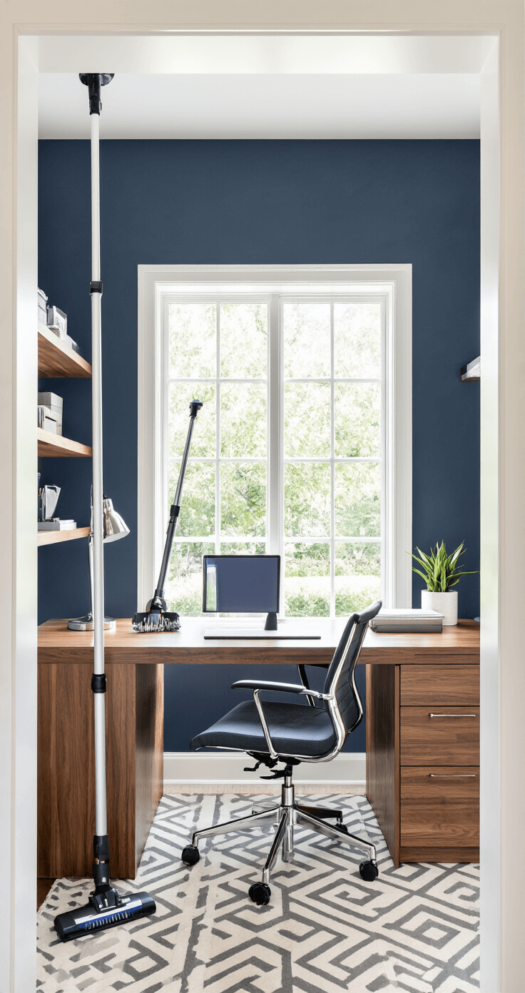 A modern home office featuring a walnut desk and ergonomic chair against white walls, with tall windows allowing bright daylight. An extension pole cleaning kit leans against the wall, and chrome and glass accessories complement the organized workspace, including a navy blue accent wall and geometric patterns.