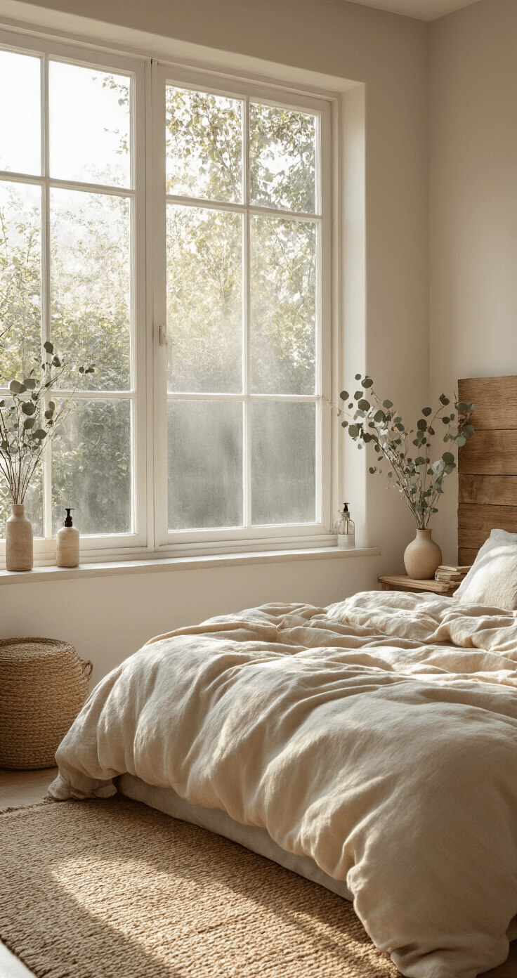 Cozy bedroom with large windows showcasing a garden hose cleaning setup outside, featuring natural light, oatmeal bedding, reclaimed wood headboard, jute rug, and dried eucalyptus arrangements.