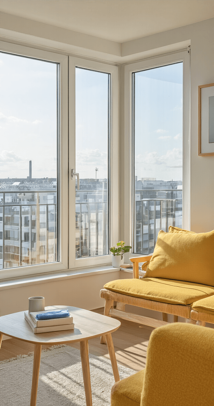 Compact apartment interior featuring a magnetic window cleaner demonstration on double-paned glass, showcasing an urban view through pristine windows. The bright space is styled in Scandinavian fashion with light pine furniture, white walls, and accents of mustard yellow, emphasizing clean lines and functional design.