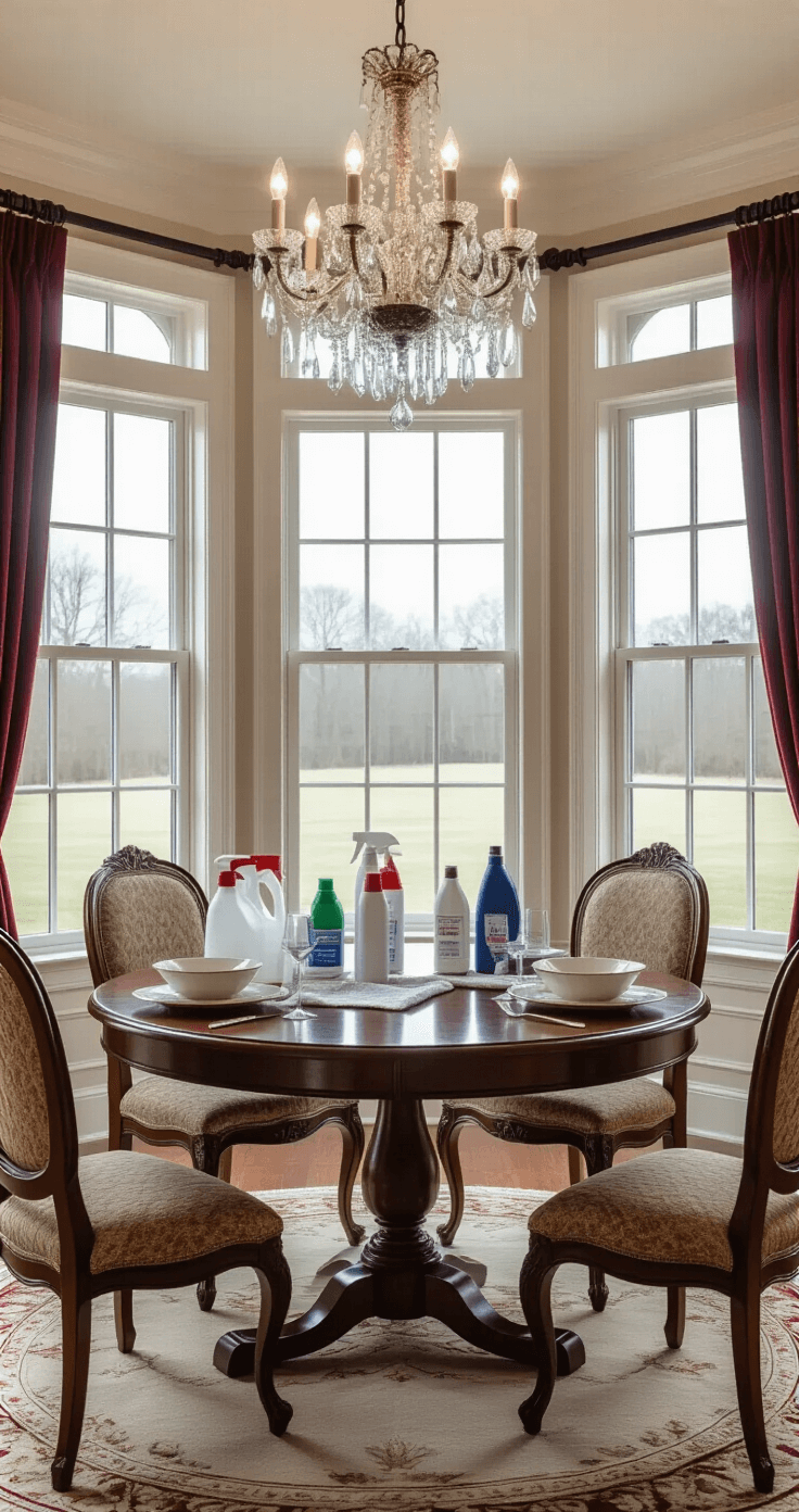 Elegant dining room featuring professional window cleaning supplies arranged on a mahogany table, with large windows displaying an overcast sky. The traditional decor includes upholstered chairs, a crystal chandelier, and burgundy drapery, presenting a formal composition focused on a step-by-step cleaning preparation process, highlighting rich textures and classical proportions.