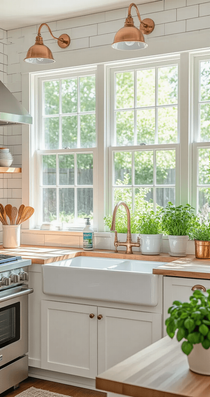 A bright kitchen featuring safety equipment for window cleaning, spotless windows above a farmhouse sink providing views of an outdoor garden. The space has white subway tiles, butcher block countertops, and stainless steel appliances, illuminated by natural light from multiple windows. A breakfast nook angle showcases fresh herbs on the windowsill and copper accents in an organized cleaning station.