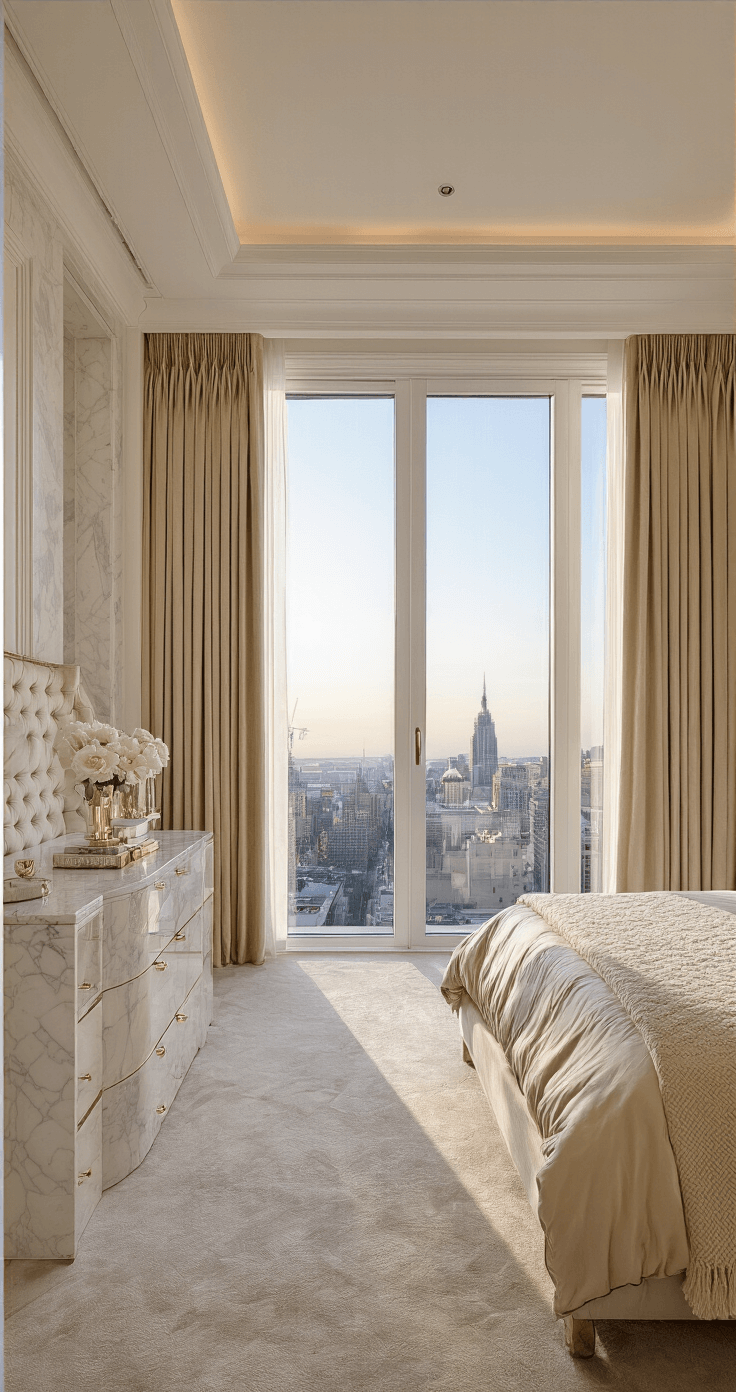 Luxurious master suite with panoramic views through pristine floor-to-ceiling windows, featuring tufted velvet headboard, marble nightstands, and silk drapery in champagne tones, illuminated by warm golden hour light.