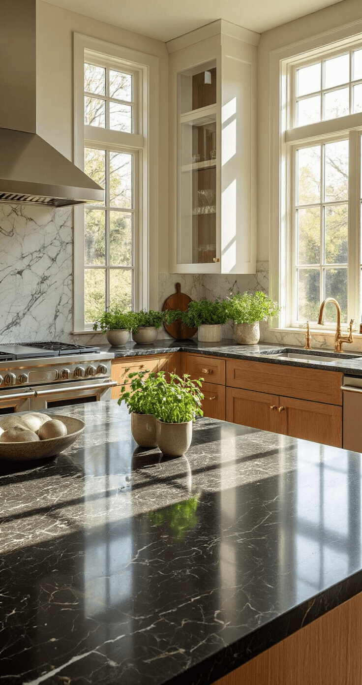 A modern kitchen with polished granite countertops showcasing black and silver veining, large windows letting in morning sunlight, stainless steel appliances, warm oak cabinets, marble backsplash, brass hardware, and fresh herbs in ceramic pots, all highlighted by clean geometric lines and bright natural lighting.