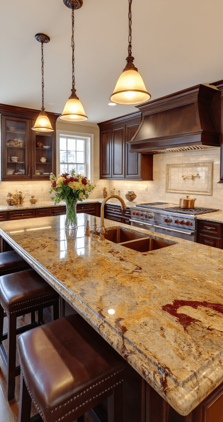 Luxurious kitchen featuring exotic granite countertops with gold and burgundy veining, warm amber pendant lighting, dark walnut cabinetry, subway tile backsplash, copper sink fixtures, leather bar stools, and a fresh flower arrangement, highlighted by late afternoon lighting that emphasizes the stone's geological patterns and waterfall edge detail.