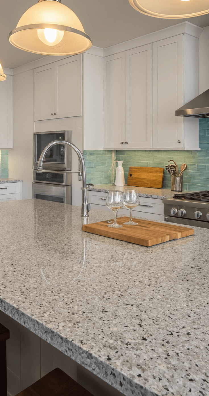 Contemporary kitchen with speckled gray granite countertops and white shaker cabinets, featuring under-cabinet LED lighting, stainless steel appliances, and a seafoam blue glass tile backsplash, captured in an evening mood with warm lighting highlighting the granite's texture and polished edges.