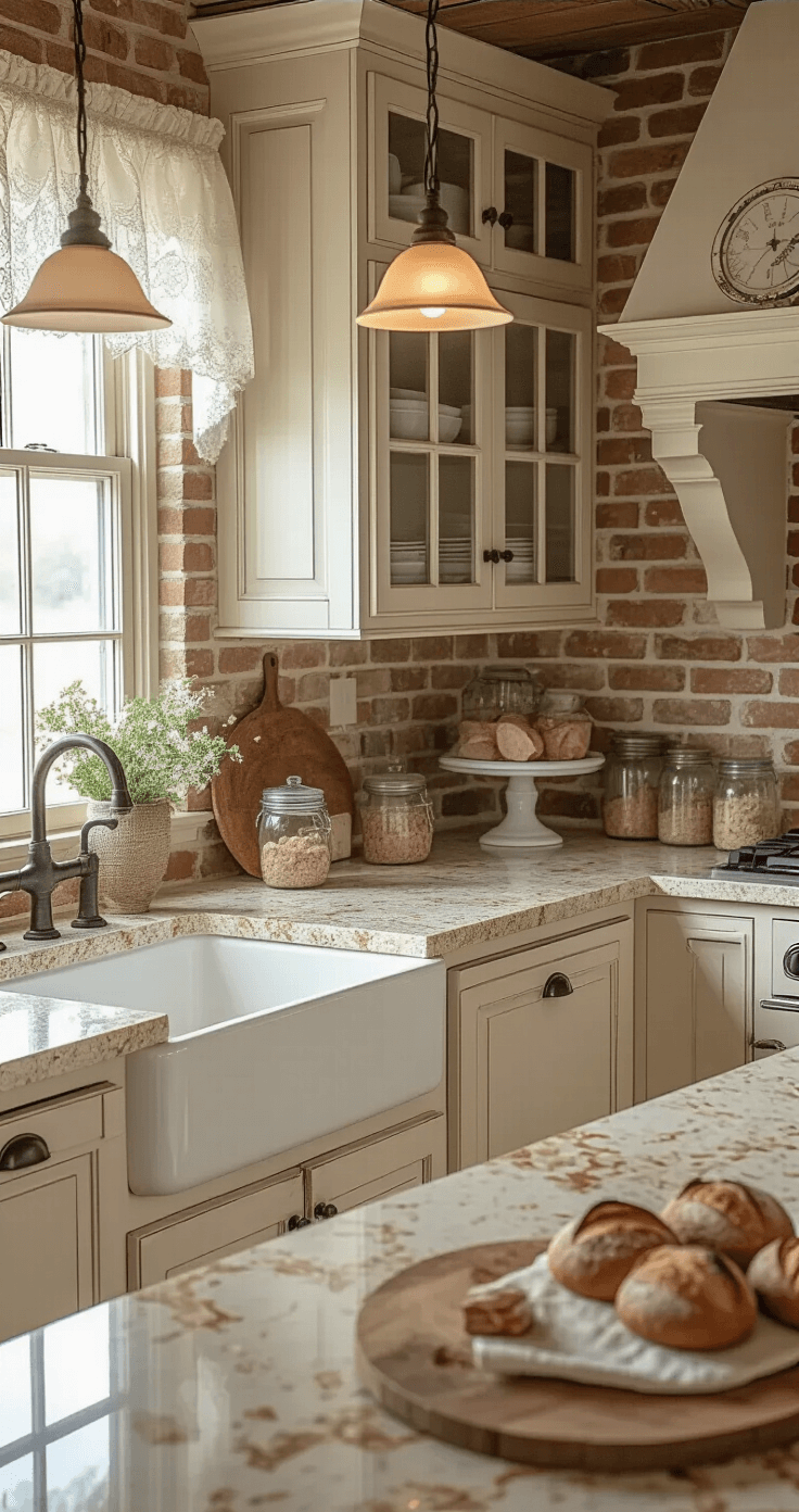 A rustic farmhouse kitchen featuring cream-colored granite countertops with natural fossil patterns, vintage pendant lights, distressed white cabinets, an apron-front sink, a brick backsplash, wrought iron hardware, mason jar storage, and a display of fresh baked goods, all illuminated by soft morning light through lace curtains.