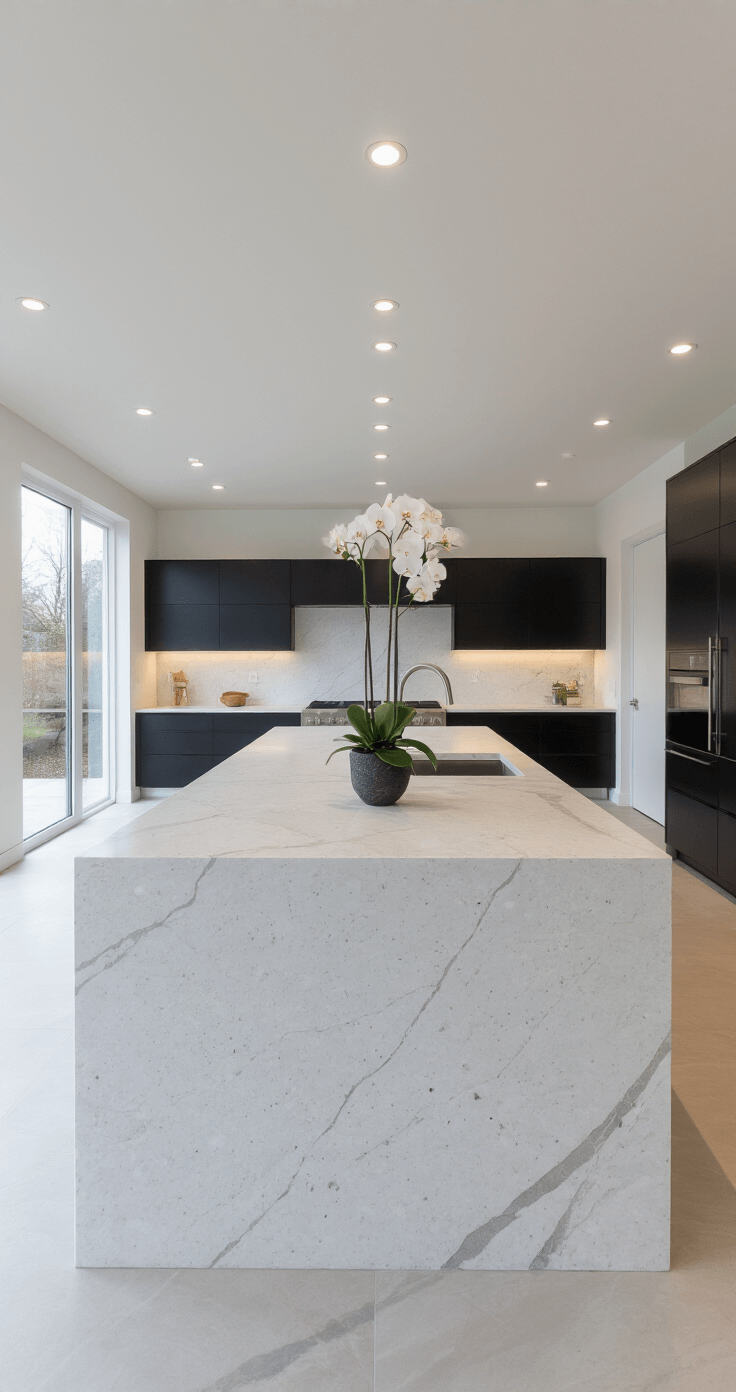 Minimalist kitchen featuring white granite countertops with gray veining, matte black handleless cabinets, recessed ceiling lights, integrated appliances, and a glass backsplash, illuminated by daylight from floor-to-ceiling windows. An orchid centerpiece adds elegance, showcasing the granite's stain-resistant properties and seamless edges.