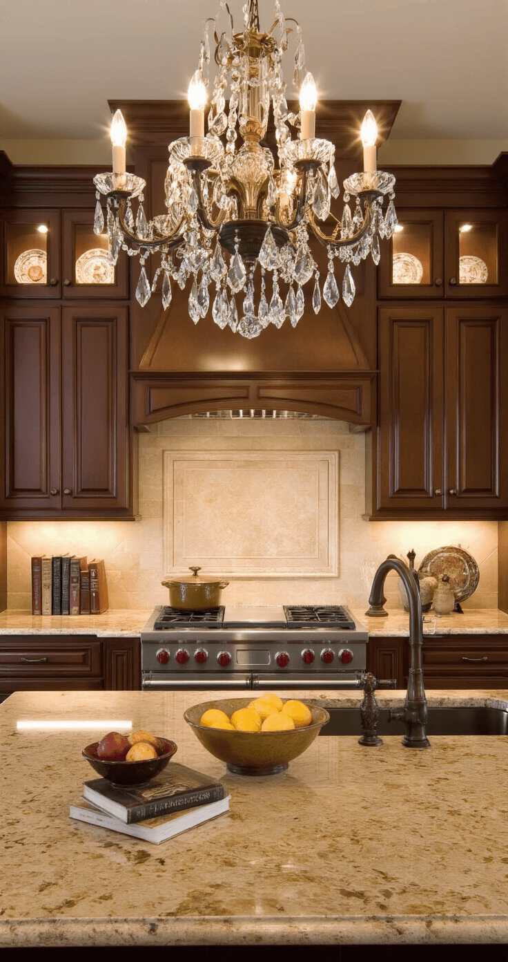 Traditional kitchen with rich brown granite countertops, cream and gold flecks, cherry cabinets, and a crystal chandelier, featuring a cozy ambiance and decorative fruit bowls.