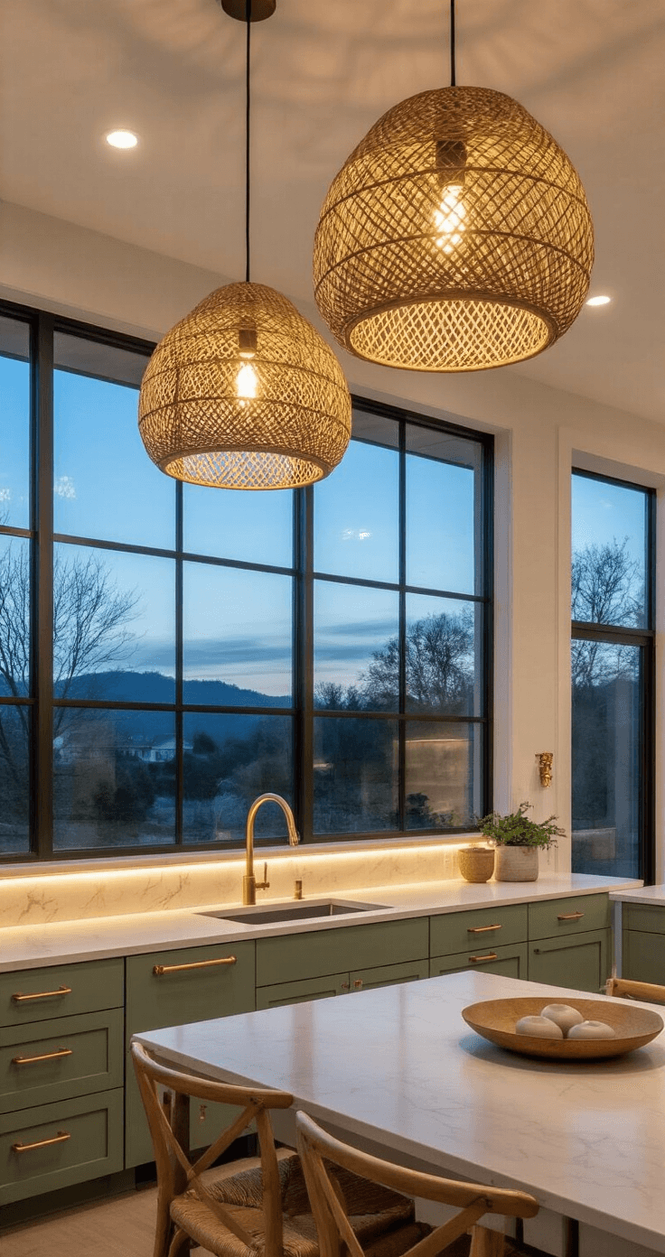 Atmospheric modern boho kitchen at twilight, featuring oversized rattan pendant lights, under-cabinet LEDs, large steel-framed windows, and sage green cabinetry with brass hardware, all illuminated for a cozy evening atmosphere.