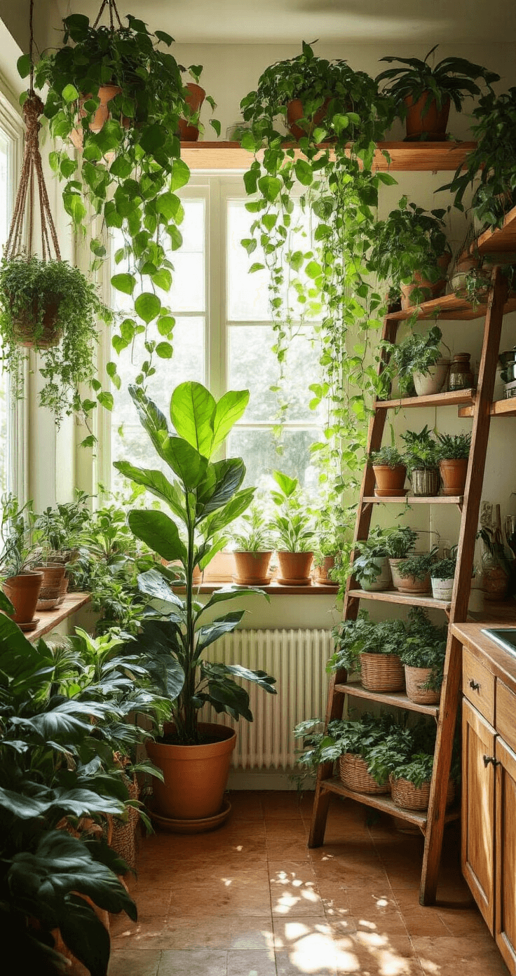Lush bohemian kitchen filled with greenery, featuring pothos trailing from shelves, a tall fiddle leaf fig, succulents on a vintage ladder, macrame hanging planters, and a living wall of herbs, all bathed in morning sunlight.