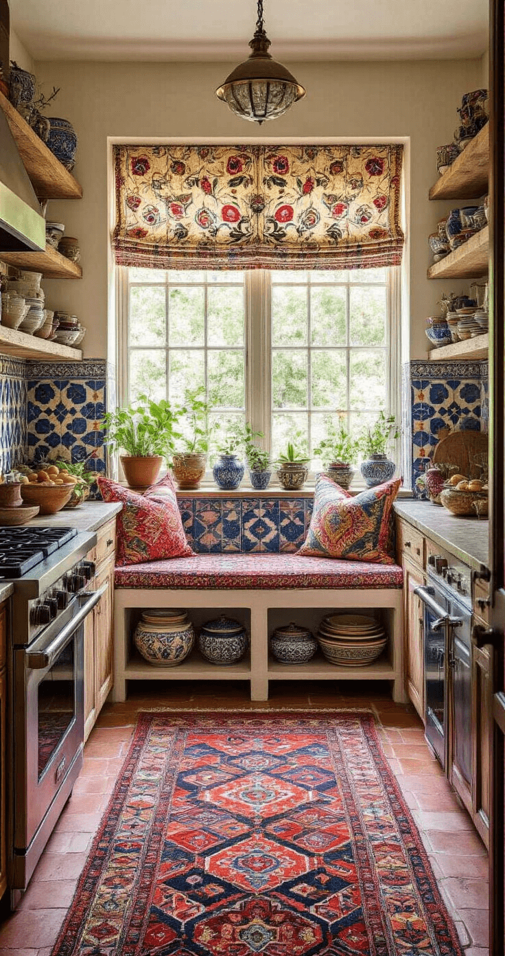 Vibrant bohemian kitchen with geometric Moroccan tile backsplash, paisley window treatments, vintage Persian runner, ethnic print dish towels, floral ceramic bowls, and patterned pottery, all showcasing harmonious eclectic textiles in jewel tones under soft natural lighting.