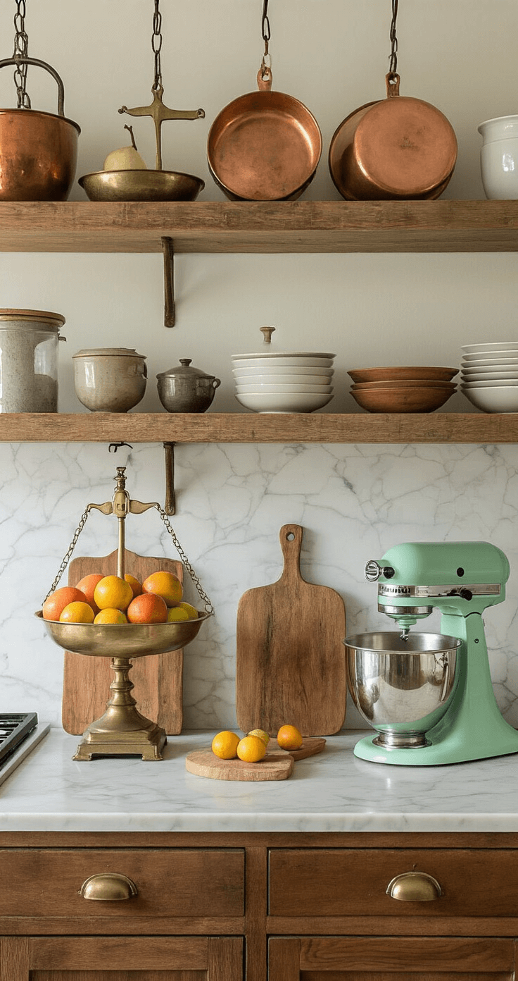 Curated vintage-modern kitchen featuring antique brass scales with seasonal fruit, weathered cutting boards, vintage copper pots, a retro mint green stand mixer, and hand-thrown pottery on floating shelves, all bathed in warm tungsten lighting.