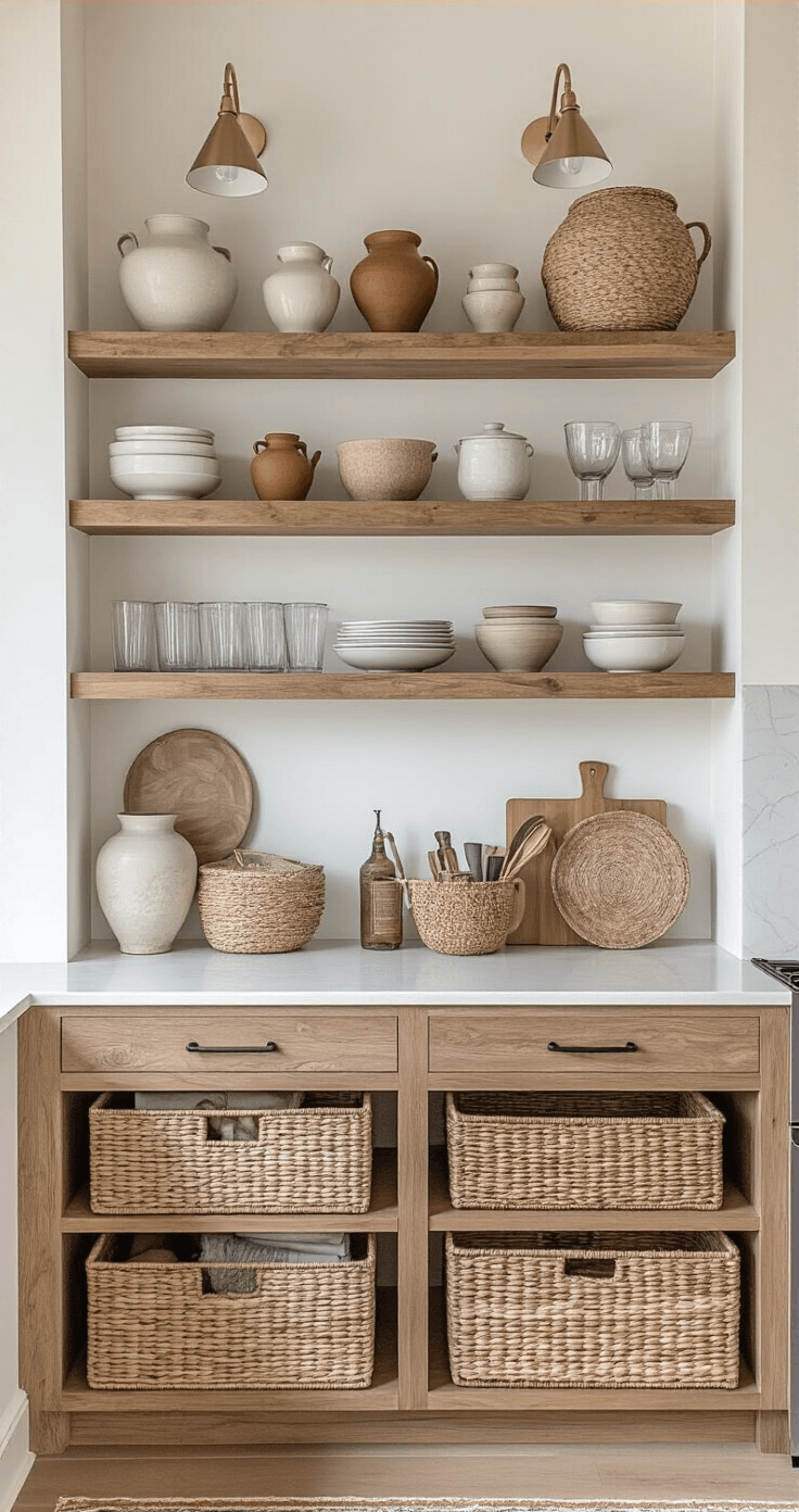 Sophisticated modern bohemian kitchen with floor-to-ceiling wooden shelving displaying ceramic collections and vintage glassware, complemented by floating shelves and woven baskets for stylish storage and curated displays, all illuminated by natural light.
