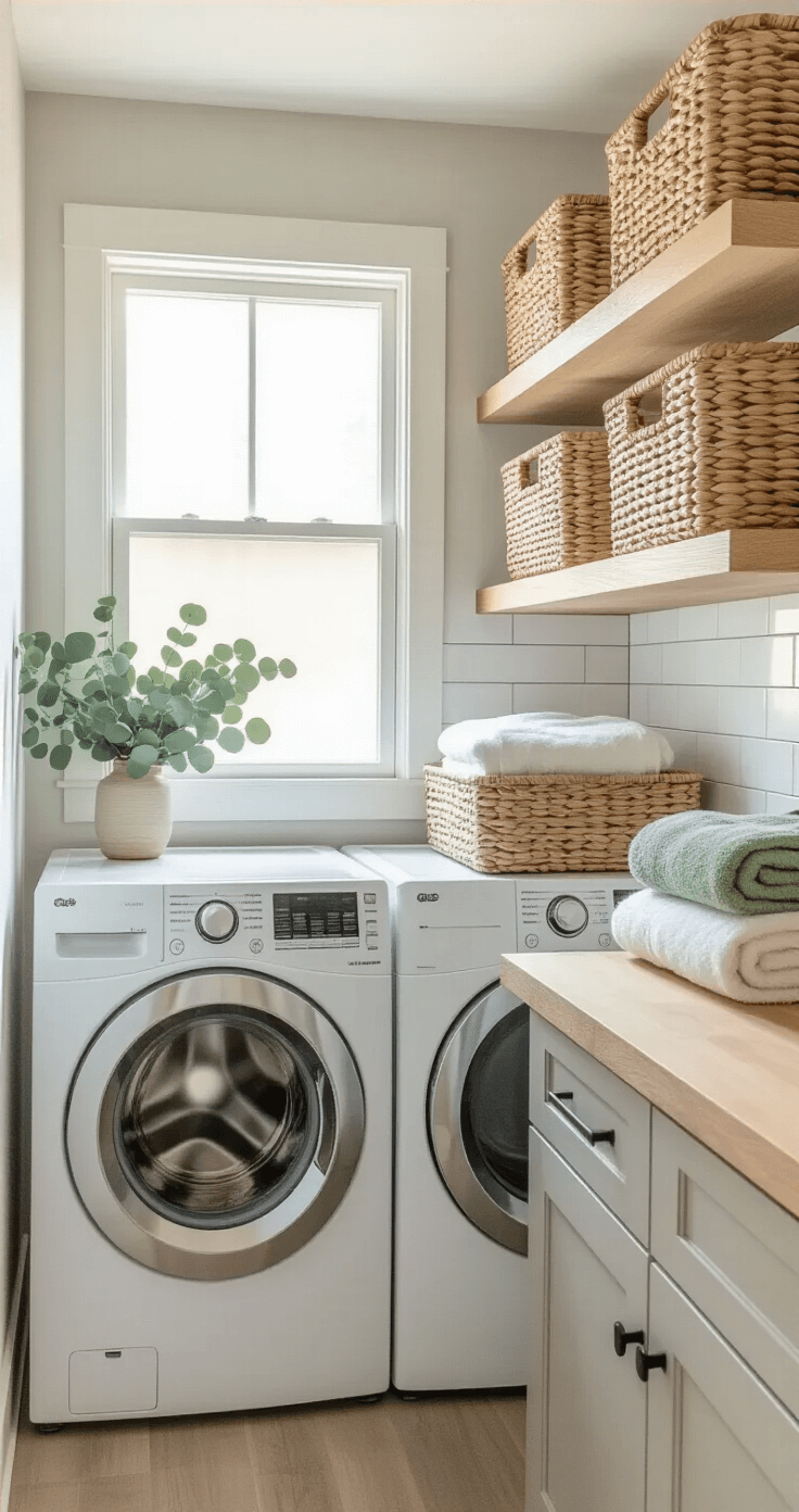 A compact laundry room featuring a stacked white washer and dryer against pale gray walls, with floating white oak shelves above holding woven rattan baskets. Crisp afternoon light filters through a frosted window, illuminating the space, which includes a white subway tile backsplash and a warm wood countertop. Folded towels in soft cream and sage green tones are neatly arranged, alongside a small potted eucalyptus plant, creating a clean and cozy minimal aesthetic.