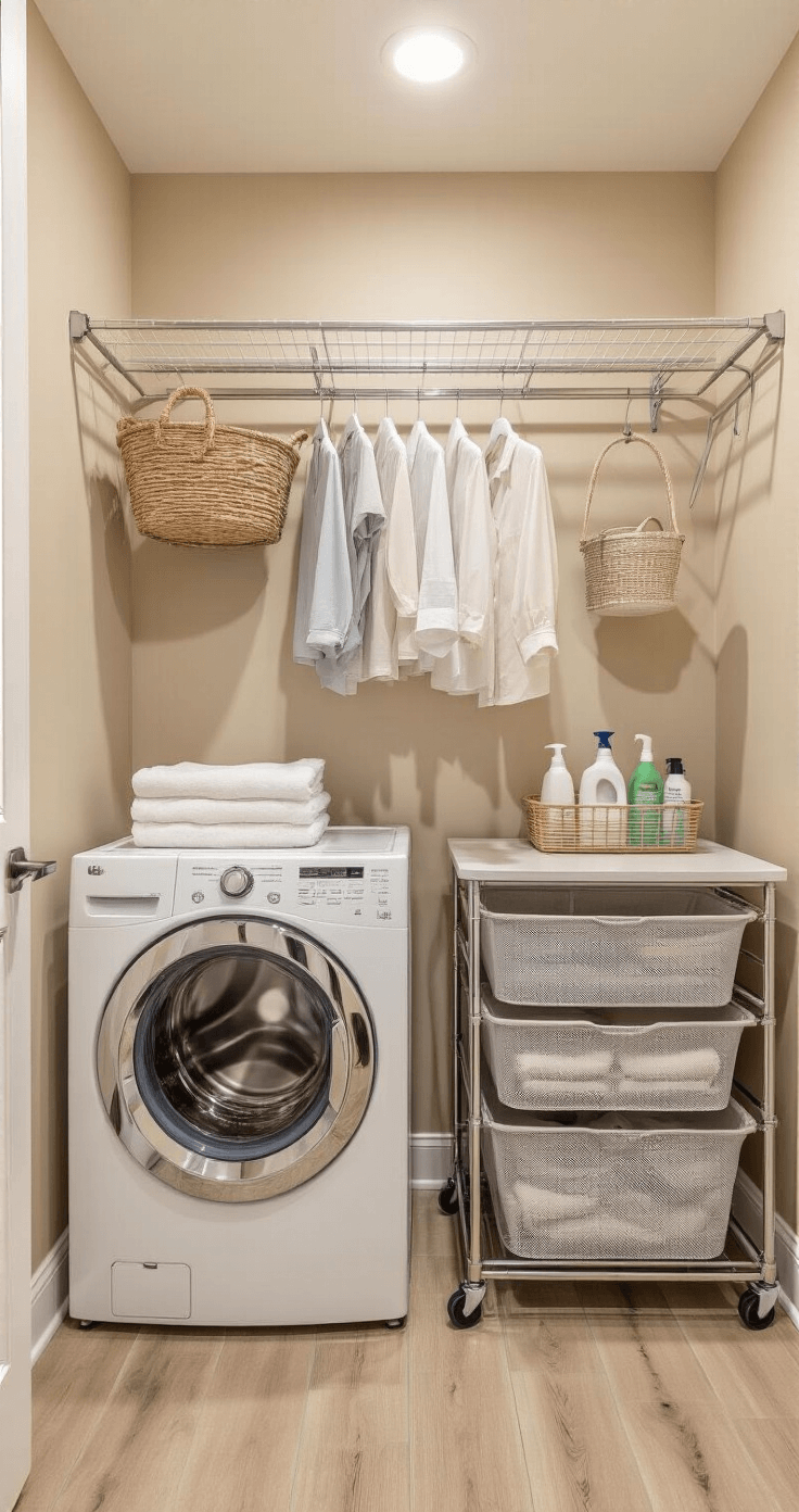 Brightly organized laundry room viewed from above, featuring a white front-loading washer-dryer, extended retractable drying rack with delicate linens, an over-door organizer for cleaning supplies, a rolling mesh hamper cart with three compartments, soft LED lighting, warm beige walls, light oak luxury vinyl plank flooring, and chrome fixtures, all arranged for a tranquil spa-like atmosphere.