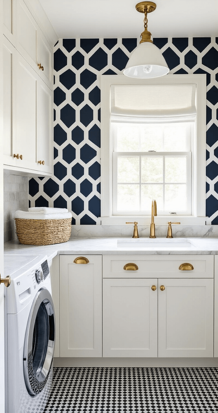 Stylish small laundry room featuring bold navy and white geometric wallpaper, white shaker-style cabinets, black and white hexagonal floor tiles, brass hardware, natural light from a small window with a white roman shade, marble-look quartz countertop, subway tile backsplash, and a vintage-inspired pendant light.
