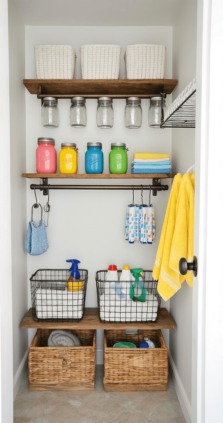 A budget-friendly laundry room featuring repurposed mason jars on a reclaimed wood shelf, wire baskets for organization, an over-door shoe organizer for cleaning products, bright white walls, basic vinyl flooring, a simple hanging rod, afternoon sunlight, and cheerful yellow accent towels, showcasing creativity on a budget.