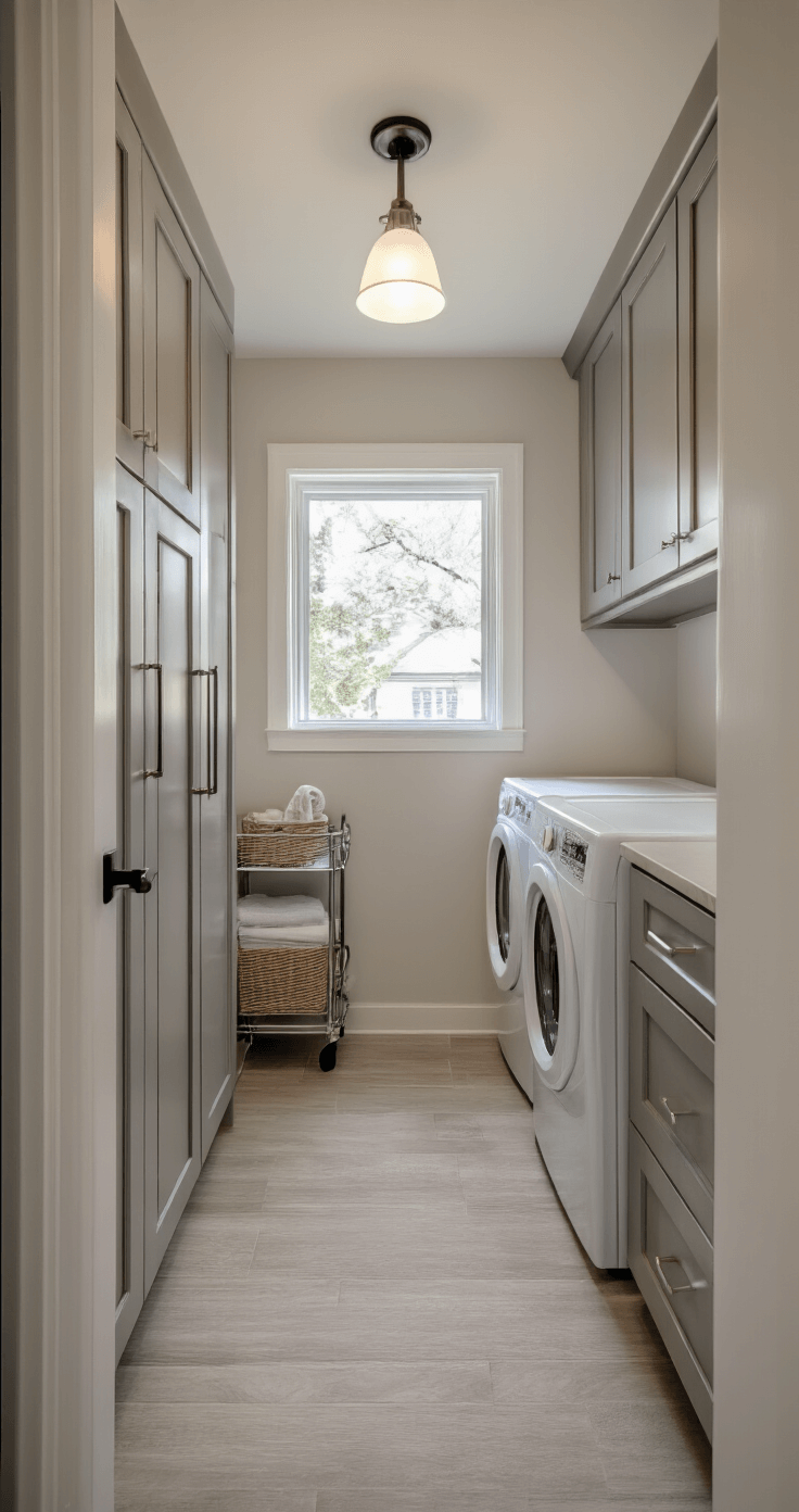 A compact laundry room featuring side-by-side white appliances on the right, a tall narrow storage cabinet opposite, and a slim rolling cart in between. Overhead gray cabinets and pendant lighting enhance the neutral color scheme of whites and warm grays, while luxury vinyl tile flooring adds elegance. A small window provides natural light, creating a functional and organized space.