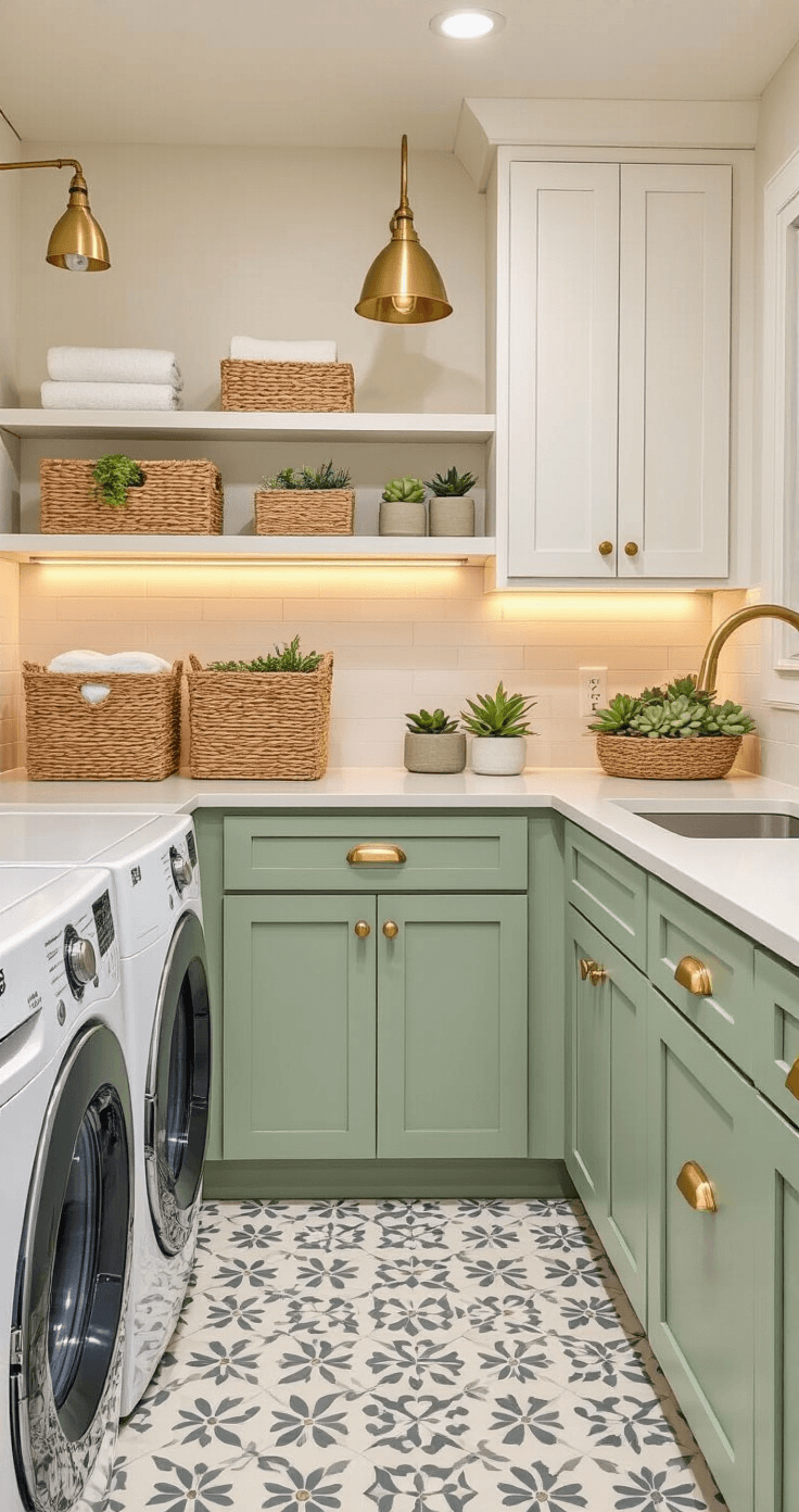 A beautifully transformed tiny laundry space featuring soft sage green lower cabinets, white upper cabinets, and a patterned ceramic tile floor in cream and gray, enhanced by brass accents on hardware and faucet, natural woven baskets, and a small succulent collection on open shelving, all illuminated by warm LED under-cabinet lighting in a late afternoon glow.
