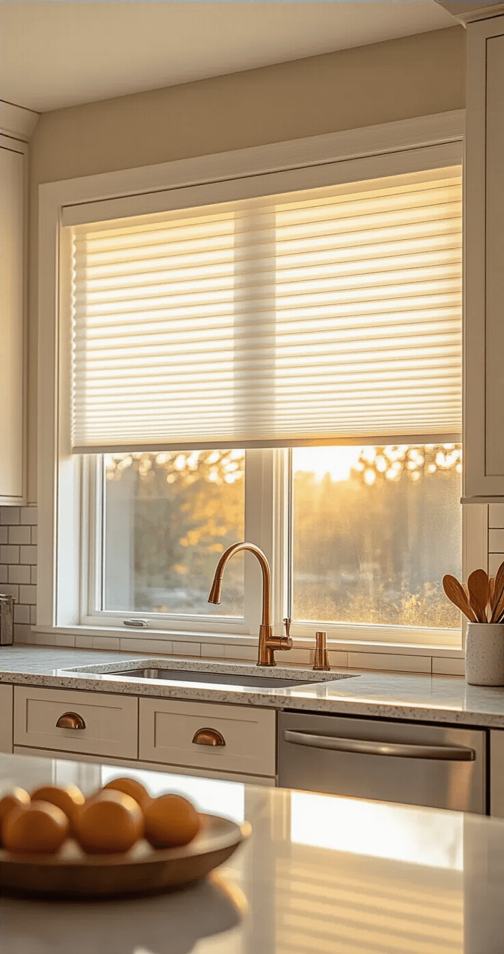 Medium shot of a modern kitchen with a large south-facing window covered in white cellular honeycomb shades, illuminated by golden hour sunlight. The kitchen features granite countertops, stainless steel appliances, and a subway tile backsplash, with a warm cream and gray color palette and copper accents. The focus is on the window treatment, showcasing professional architectural photography lighting.