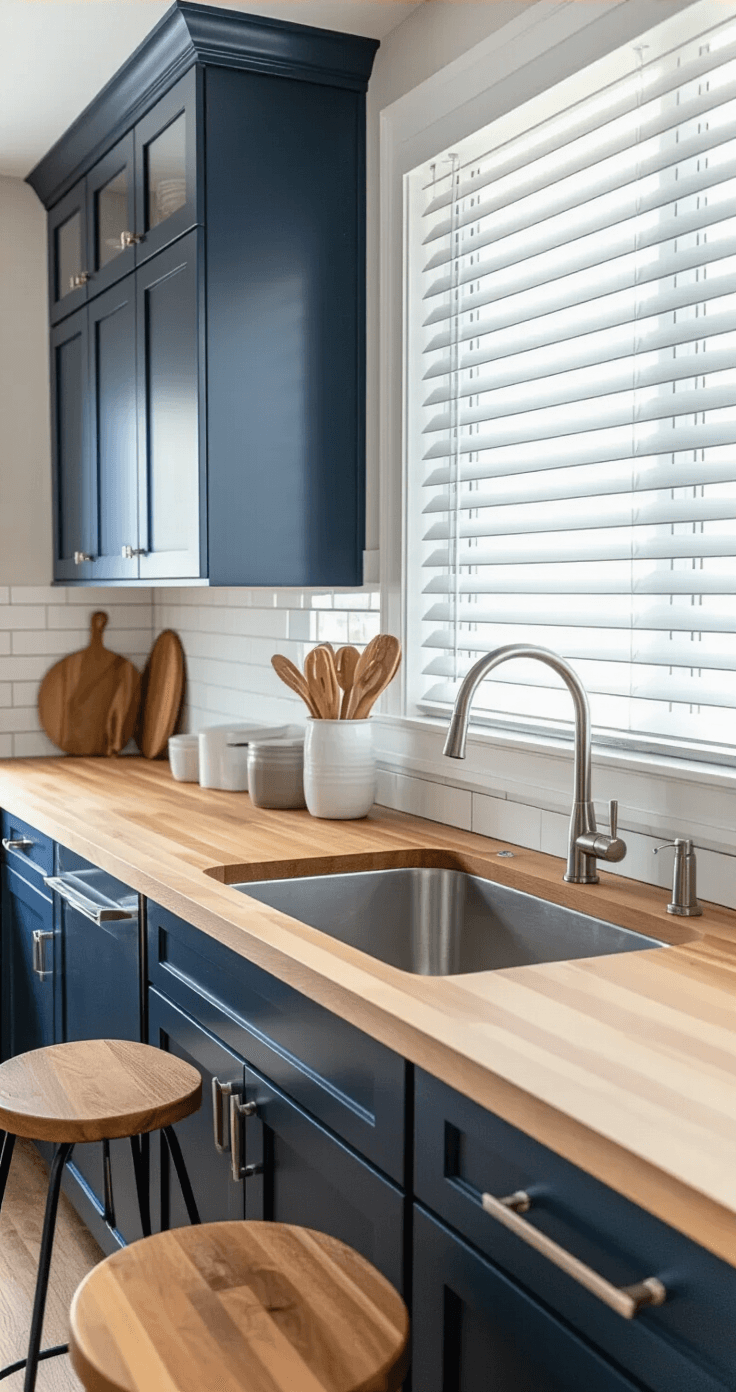 Bright kitchen interior featuring white faux wood blinds near a sink, navy blue cabinets, butcher block countertops, stainless steel backsplash, and contemporary bar stools, all captured with professional real estate photography techniques.